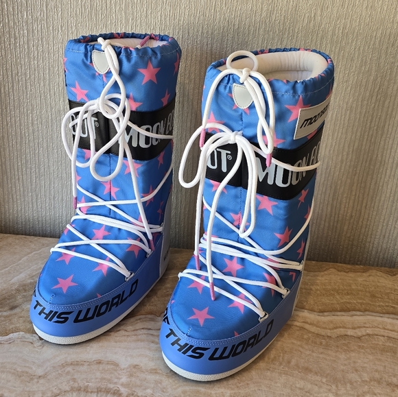 Moon Boot Icon Retrobiker Snow Boots Blue Pink Moon Boot Stars Snow Boots - Picture 3 of 14